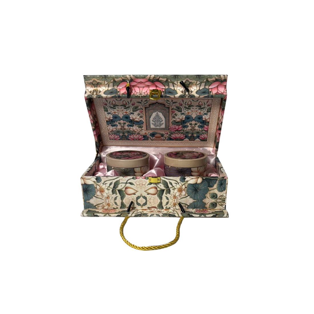 2 Tin Lotus Design Premium Floral MDF Gift Box with Jars 10x7x3.5