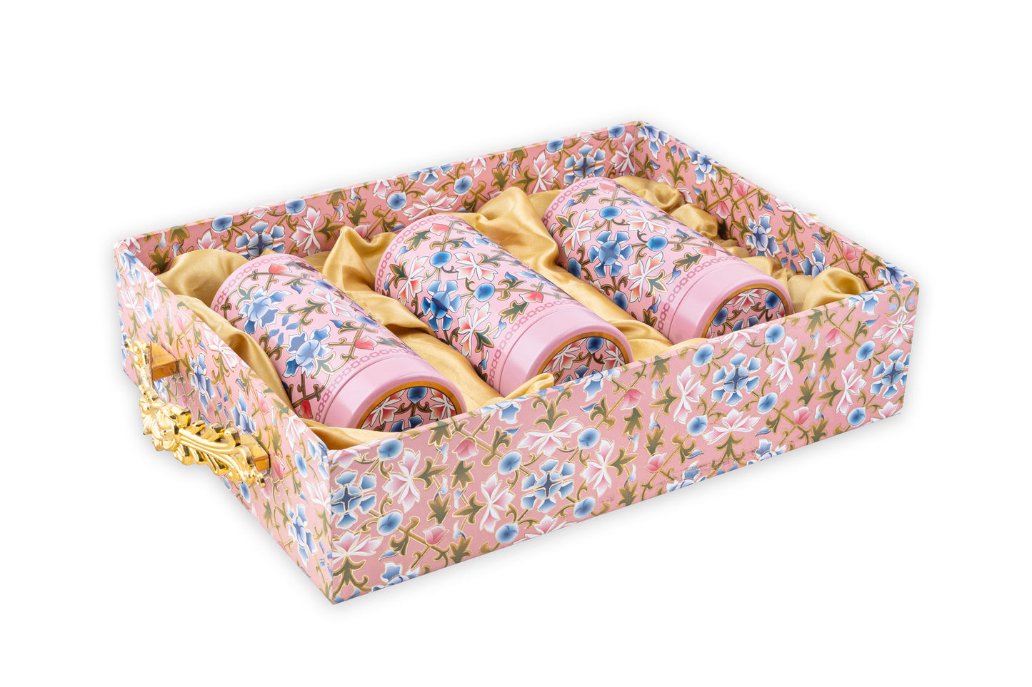 Premium Pink Floral Gift Box with 3 Cylindrical Jars & Gold Handle- 10 x14 x3 Inches