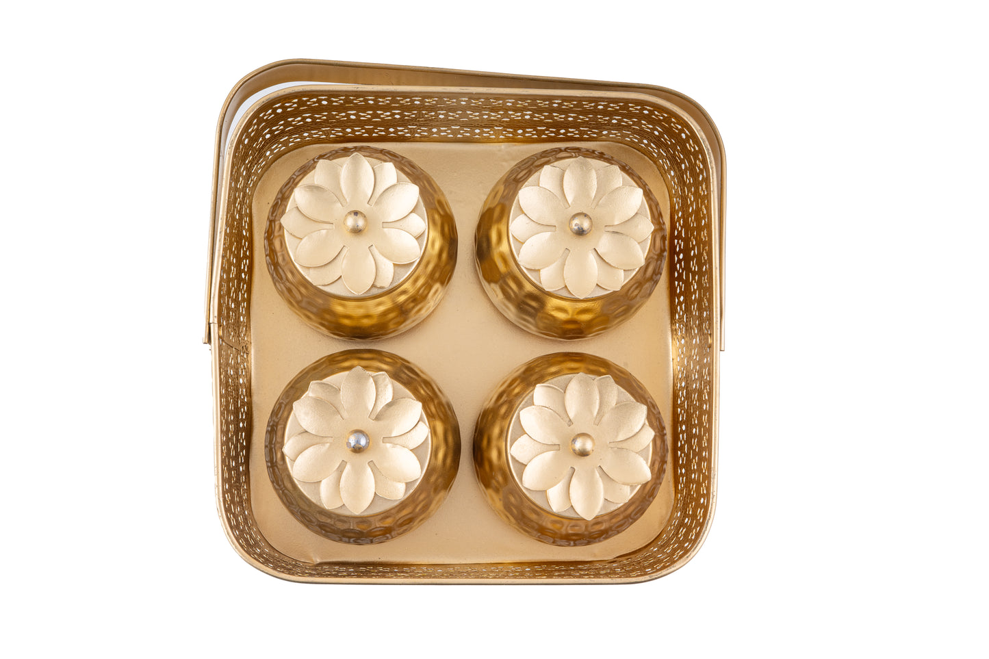 Golden Floral-Lid Metal with 4 Jars Basket 9 x 9 x 4 Inches