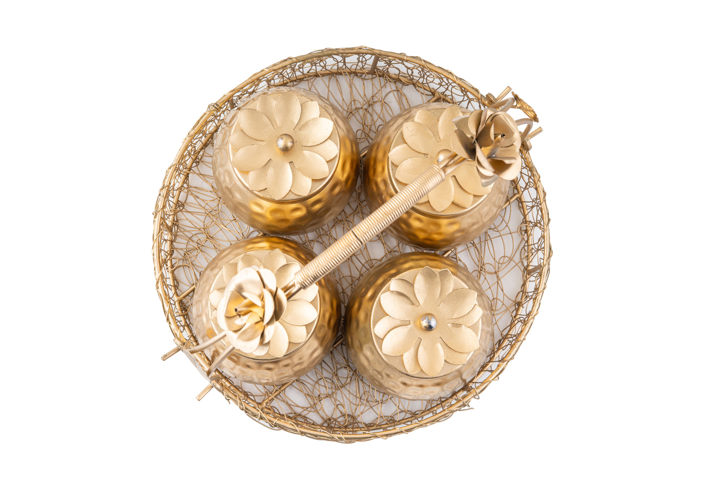 Premium Golden Mesh Round Basket with 4 Decorative Jars- 10 x 2.5 x 4 Inches