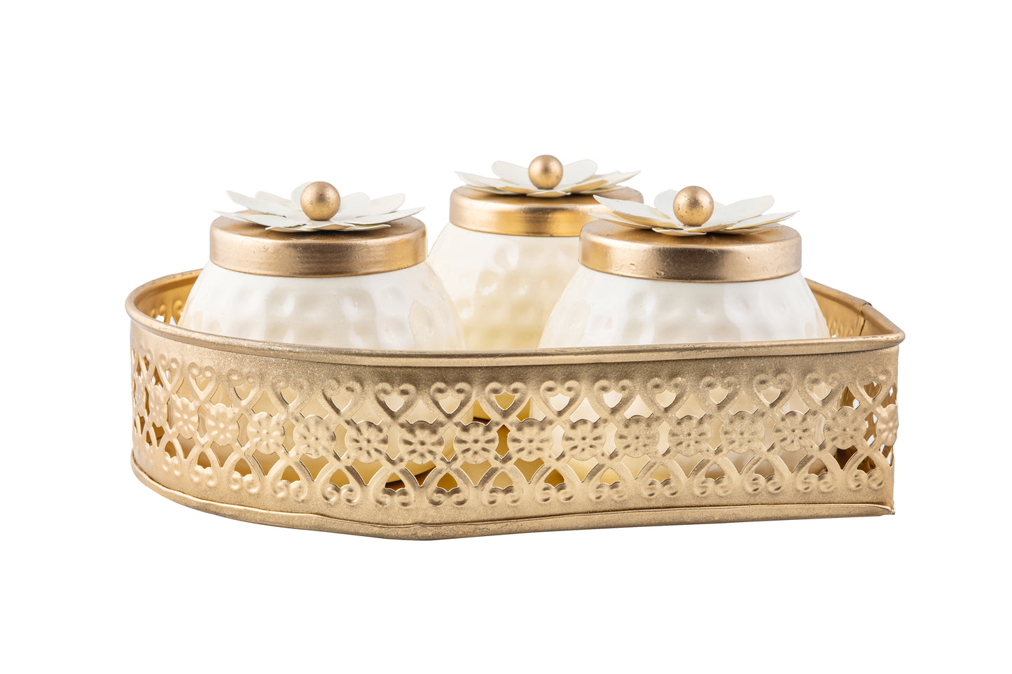 Golden Floral 3-Jar Set with Tray 9x9x2