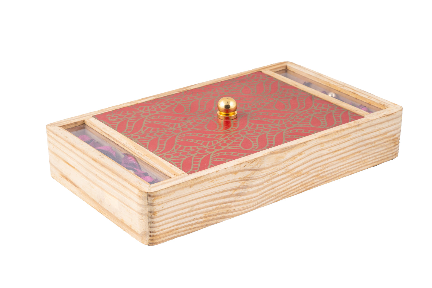 Premium Wooden Drawer Box with Red Gold Pattern Lid- 12 x7 x 2 Inches