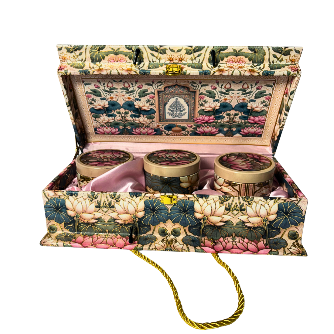 3 Tin Loutus Design Premium Floral MDF Gift Box with Jars 13x7x3.5
