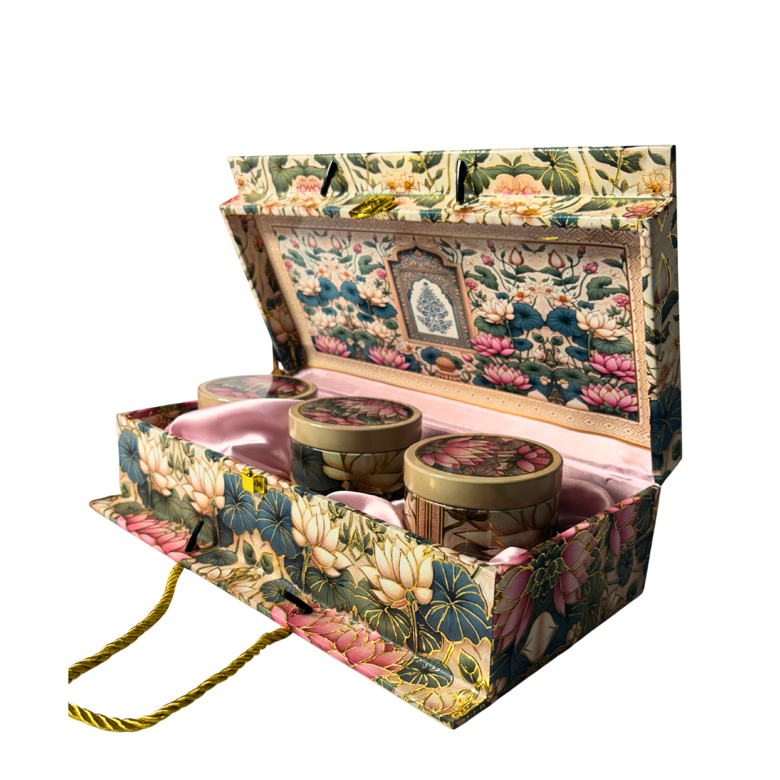 3 Tin Loutus Design Premium Floral MDF Gift Box with Jars 13x7x3.5