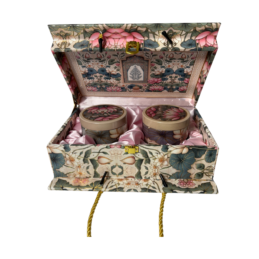 2 Tin Lotus Design Premium Floral MDF Gift Box with Jars 10x7x3.5