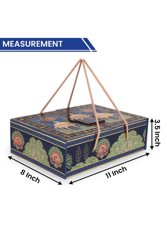 Large Blue 2 Jar Blue  MDF Gifting Box with Golden Handle – Peacock & Deer Design – 10 x 7 x 3.5 Inches