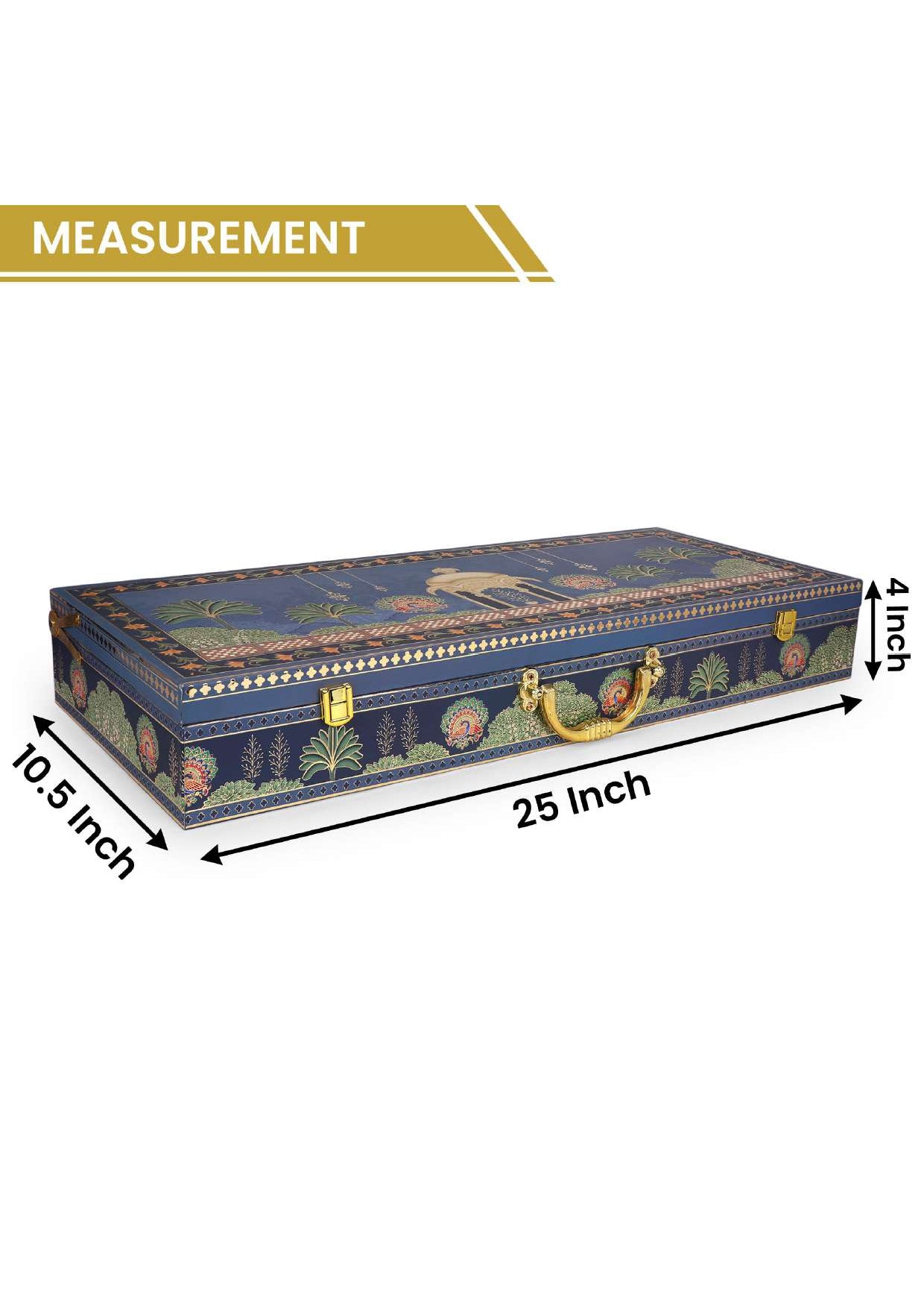 Large 4 Jar Blue MDF Gifting Box with Golden Handle – Peacock & Deer Design – 18 x 7 x 3 Inches