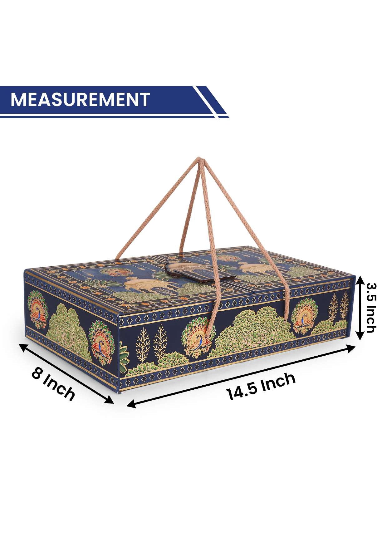 Large 4 Jar Blue MDF Gifting Box with Golden Handle – Peacock & Deer Design – 18 x 7 x 3 Inches
