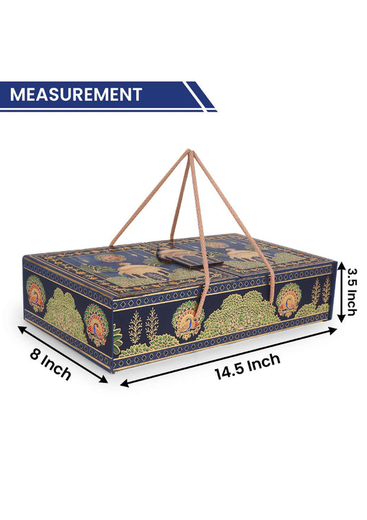 Large 4 Jar Blue MDF Gifting Box with Golden Handle – Peacock & Deer Design – 18 x 7 x 3 Inches