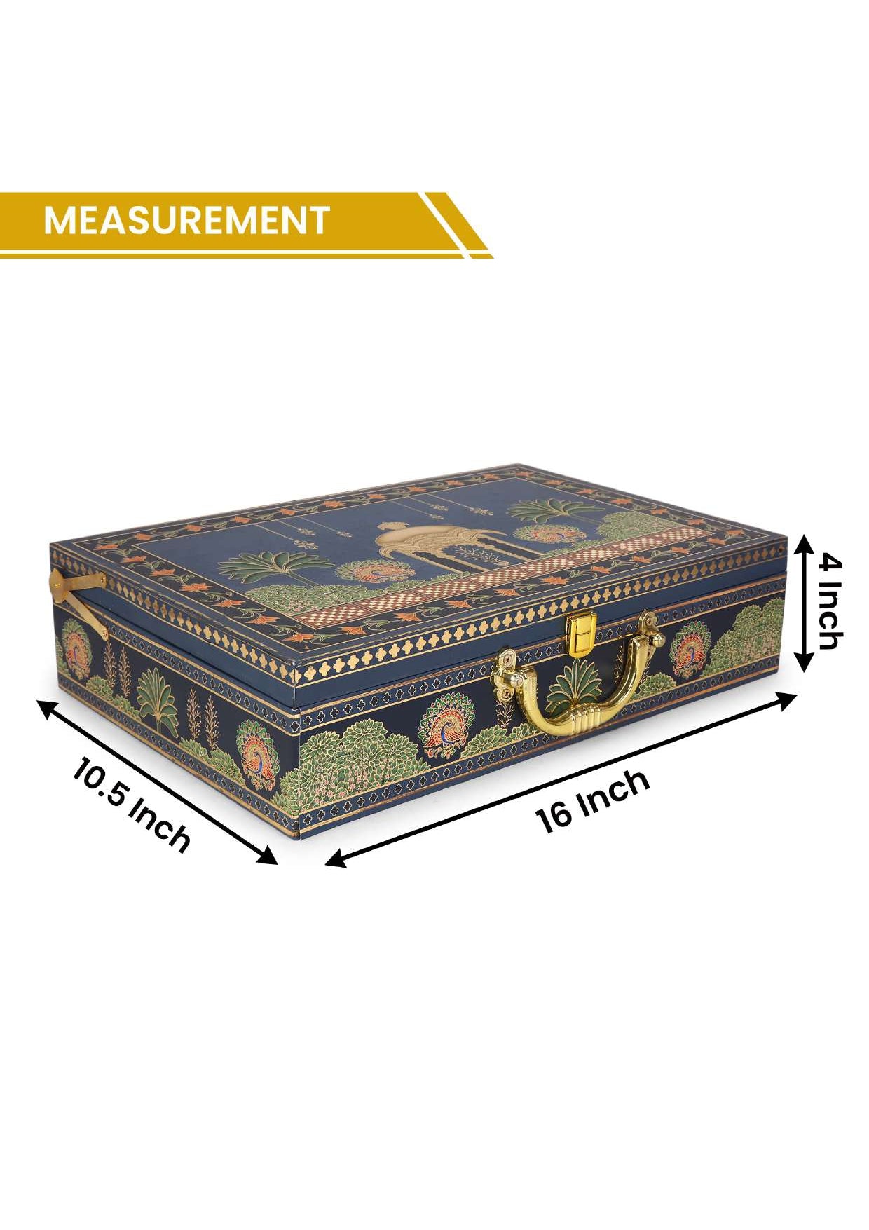 Large 3 Jar Blue MDF Gifting Box with Peacock & Deer Design – 14 x 7 x 3 Inches