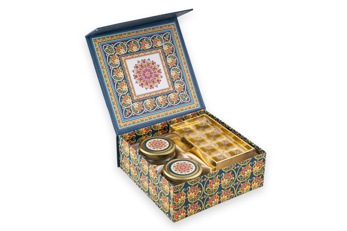 Premium 2 Jar 8 Cut Gift Box with Compartments- 9.5 x 9.5 x 3.5 Inches