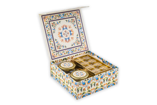 2 Jar 8 Cut Marble Design Gift Box with Compartments 9.5x9.5x3.5