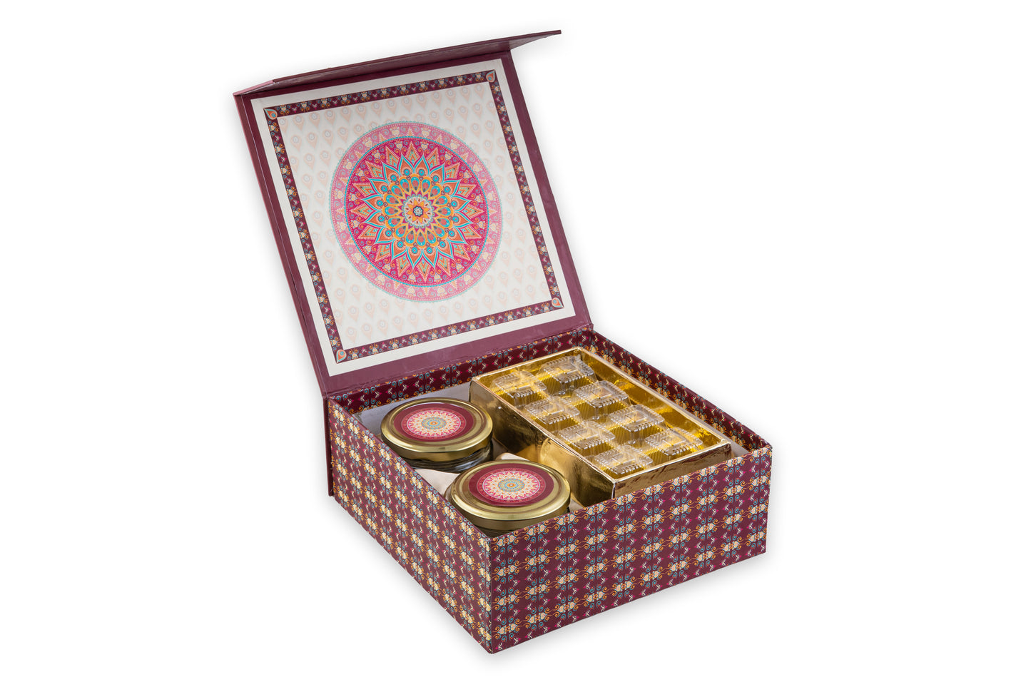 Premium 2 Jar 8 Cut Gift Box with Compartments- 9.5 x 9.5 x 3.5 Inches