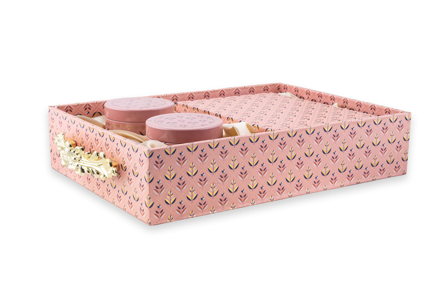 Premium Pink Floral Gift Box with 2 Tin 16 Cut Jars & Box Gold Handle- 12x18 x3 Inches