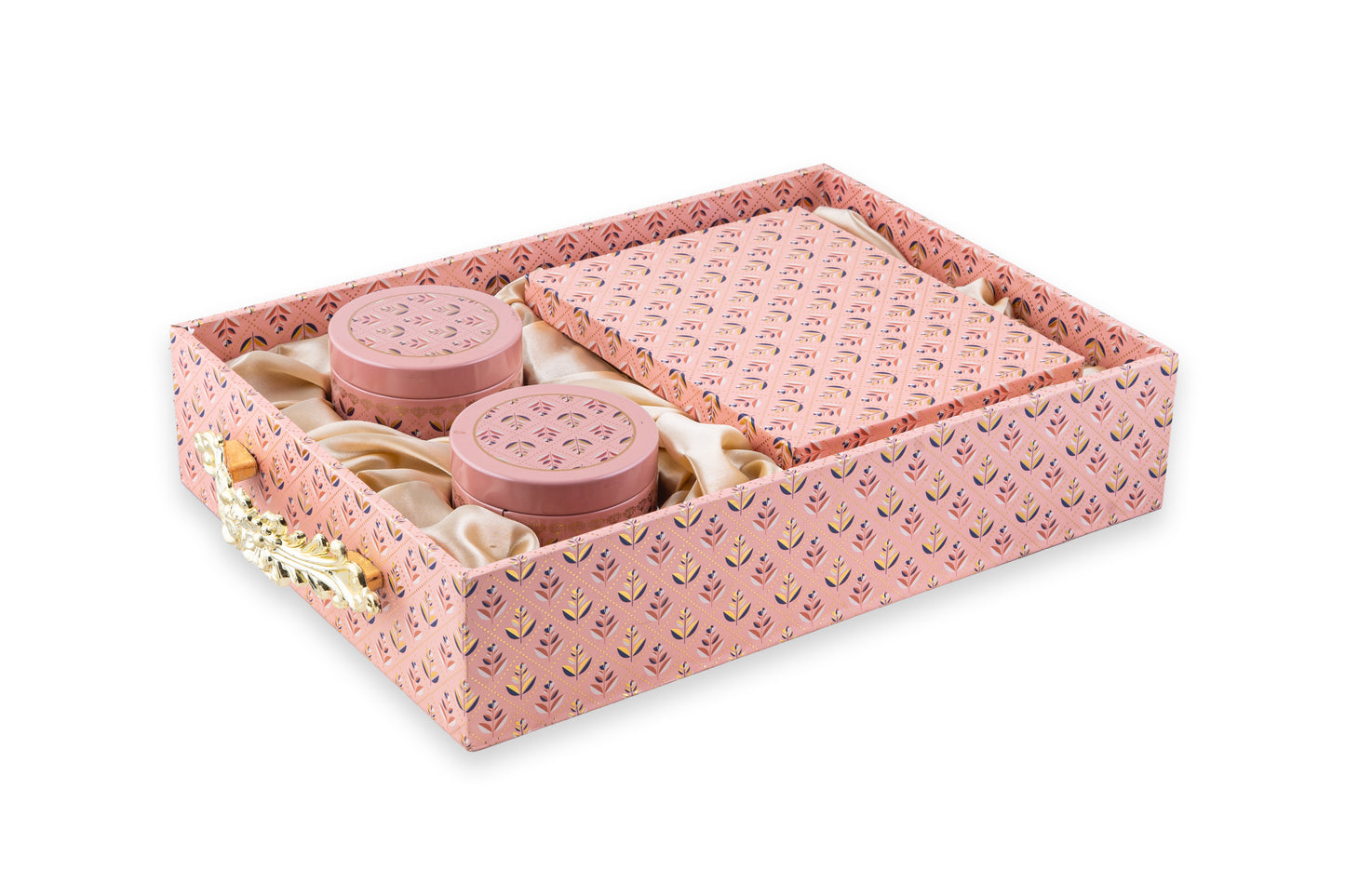 Premium Pink Floral Gift Box with 2 Tin 16 Cut Jars & Box Gold Handle- 12x18 x3 Inches