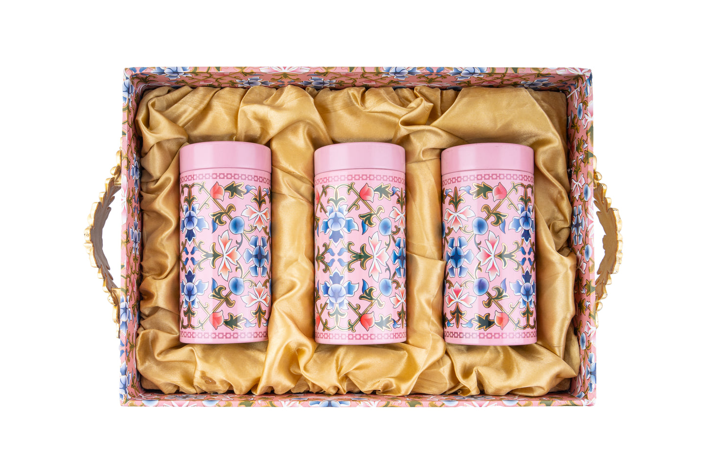 Premium Pink Floral Gift Box with 3 Cylindrical Jars & Gold Handle- 10 x14 x3 Inches