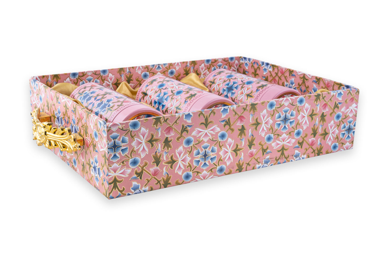 Premium Pink Floral Gift Box with 3 Cylindrical Jars & Gold Handle- 10 x14 x3 Inches
