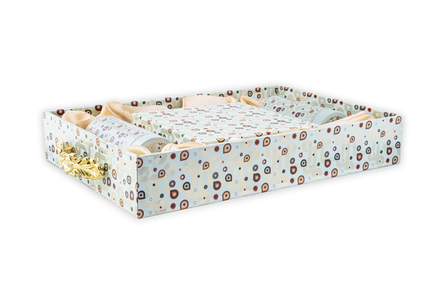 Premium Blue Floral Gift Box with 2 Tin Jars & Box Gold Handle- 10 x14 x3 Inches