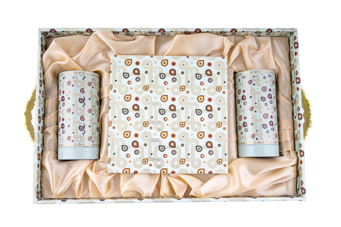 Premium Blue Floral Gift Box with 2 Tin Jars & Box Gold Handle- 10 x14 x3 Inches