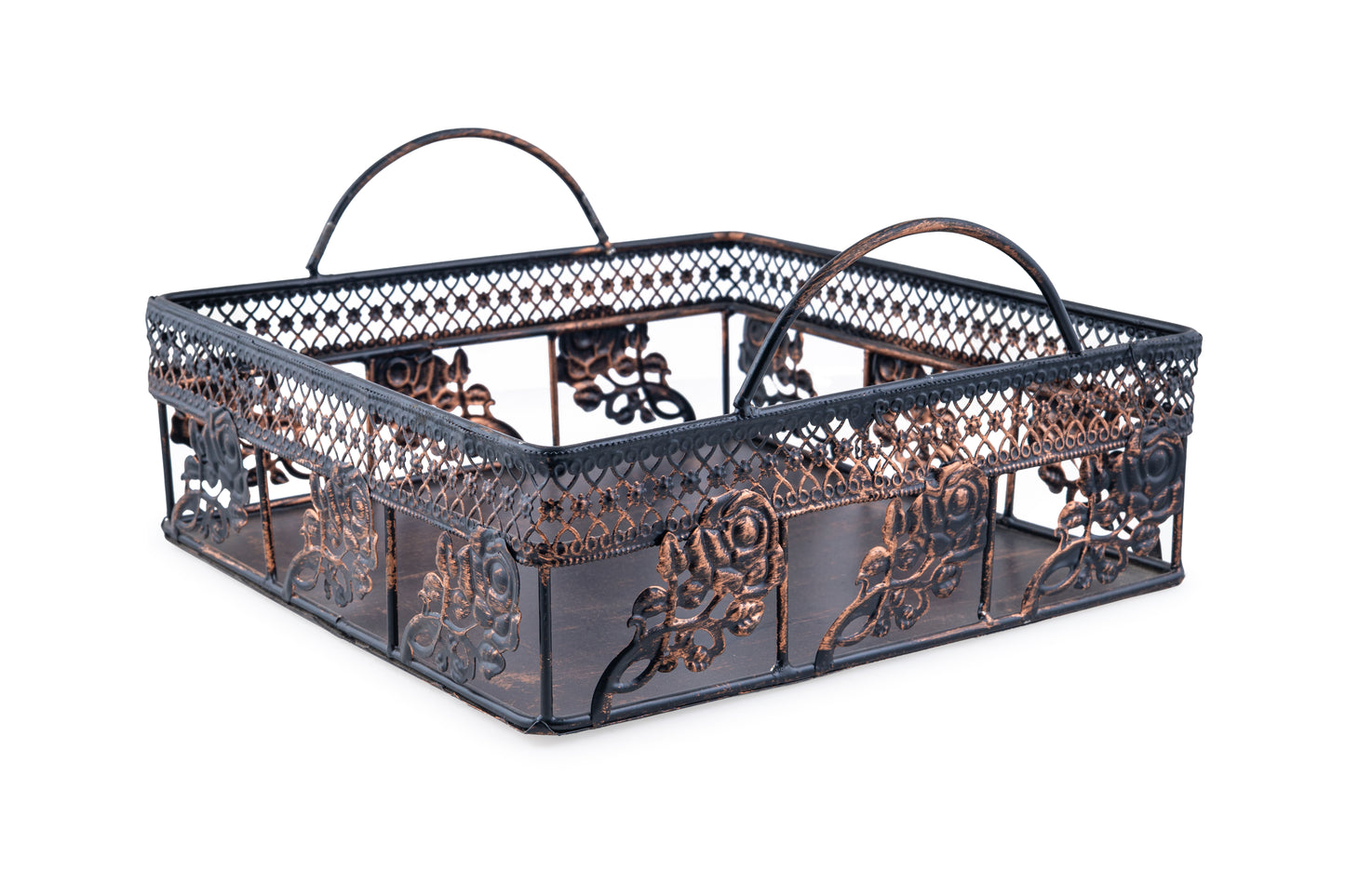 Vintage Floral Square Metal Basket- 12 x 4 x 3.5 Inches