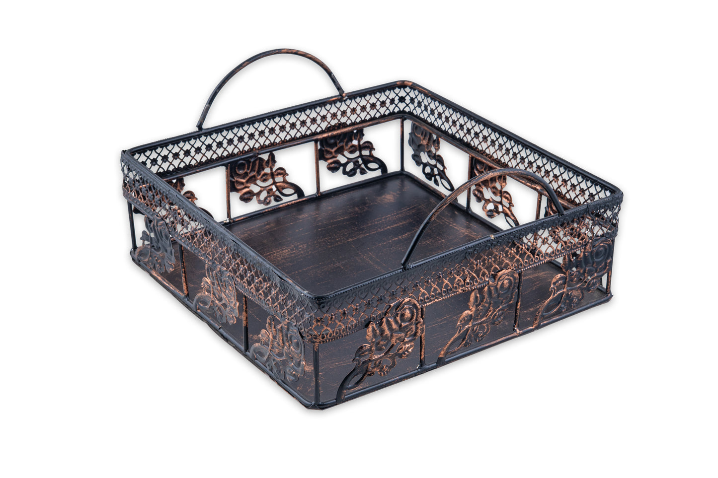 Vintage Floral Square Metal Basket- 12 x 4 x 3.5 Inches