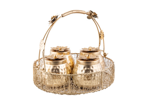 Premium Golden Mesh Round Basket with 4 Decorative Jars- 10 x 2.5 x 4 Inches