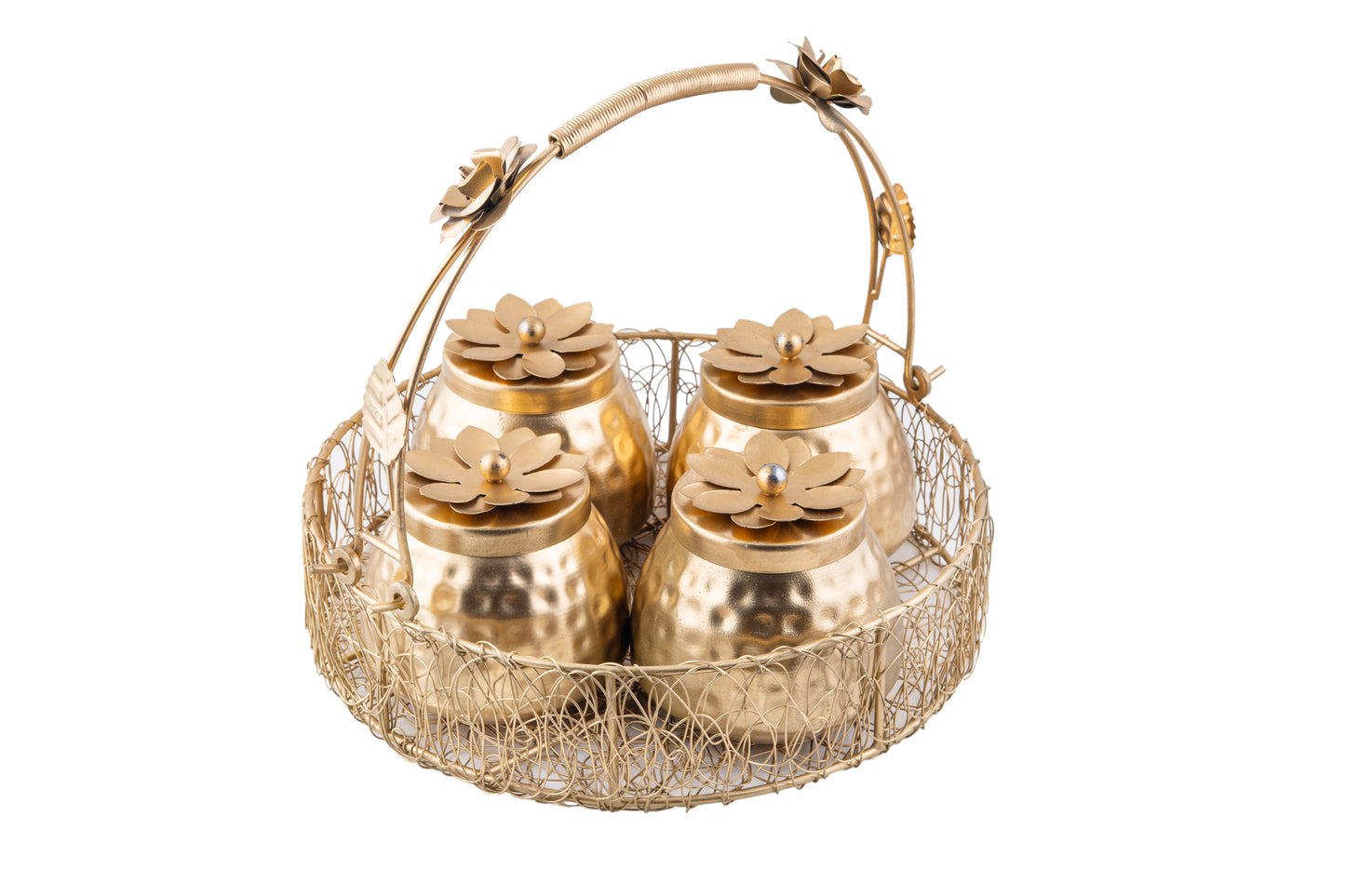 Premium Golden Mesh Round Basket with 4 Decorative Jars- 10 x 2.5 x 4 Inches