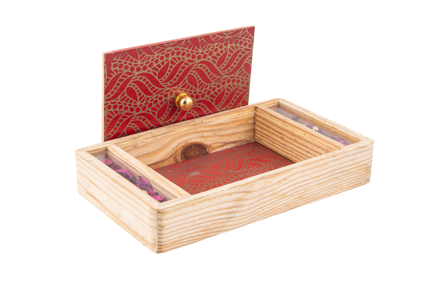 Premium Wooden Drawer Box with Red Gold Pattern Lid- 12 x7 x 2 Inches