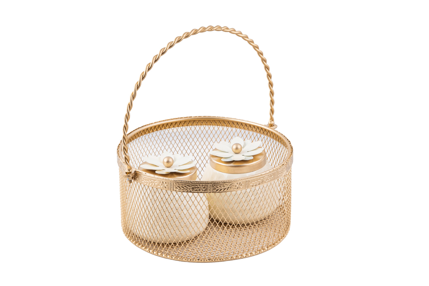 Premium Golden Mesh Round Basket with 4 Decorative Jars- 8 x 8 x 4 Inches