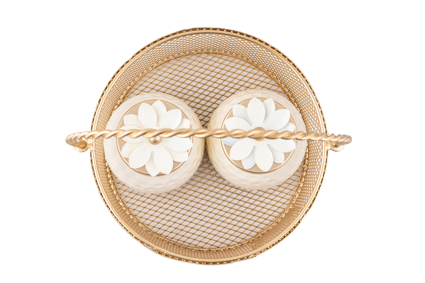 Premium Golden Mesh Round Basket with 4 Decorative Jars- 8 x 8 x 4 Inches