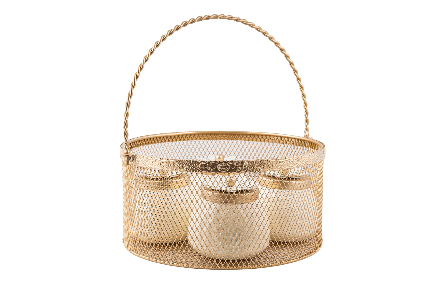 Premium Golden Mesh Round Basket with 4 Decorative Jars- 8 x 8 x 4 Inches