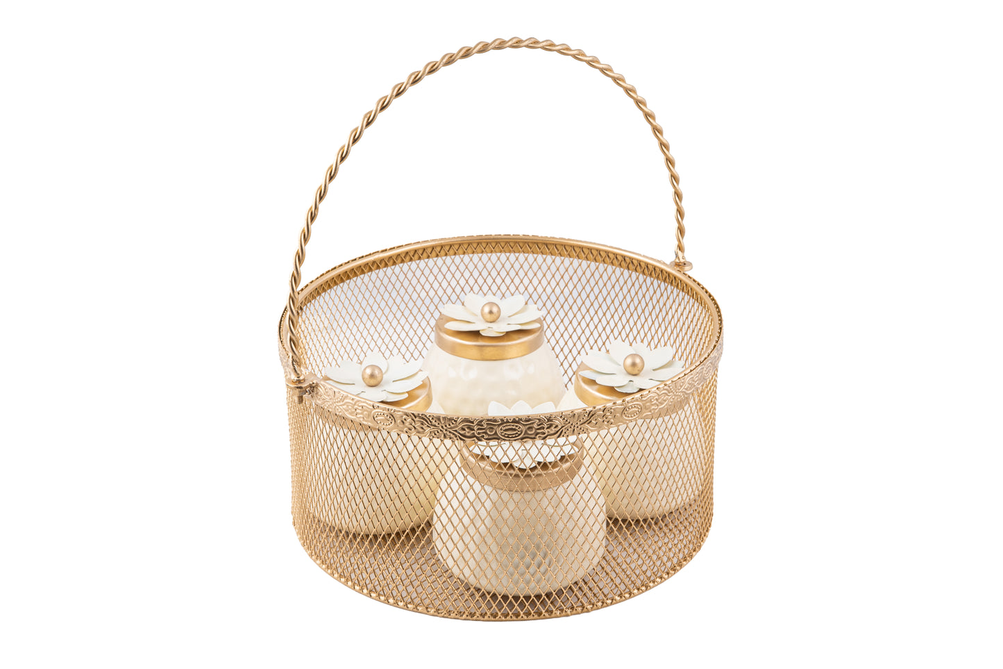 Premium Golden Mesh Round Basket with 4 Decorative Jars- 8 x 8 x 4 Inches