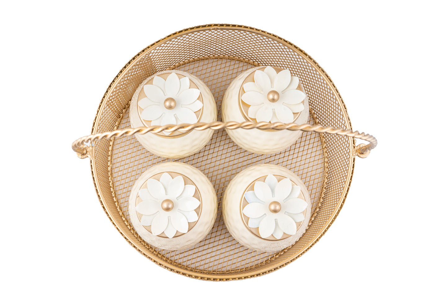 Premium Golden Mesh Round Basket with 4 Decorative Jars- 8 x 8 x 4 Inches