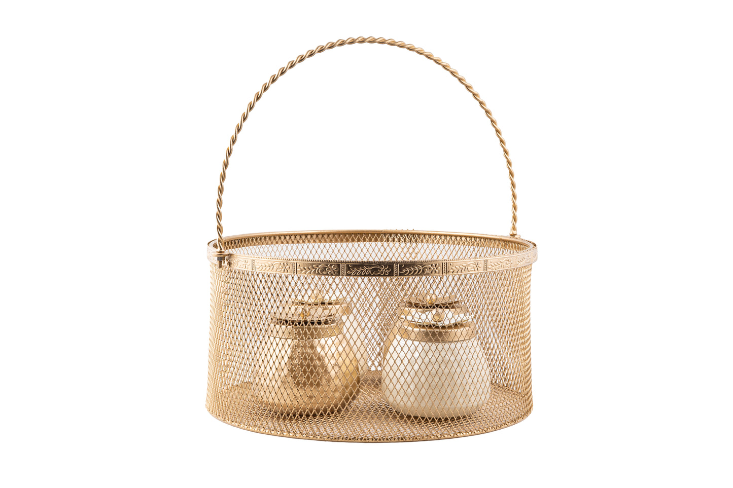 Premium Golden Mesh Round Basket with 4 Decorative Jars- 8 x 8 x 4 Inches