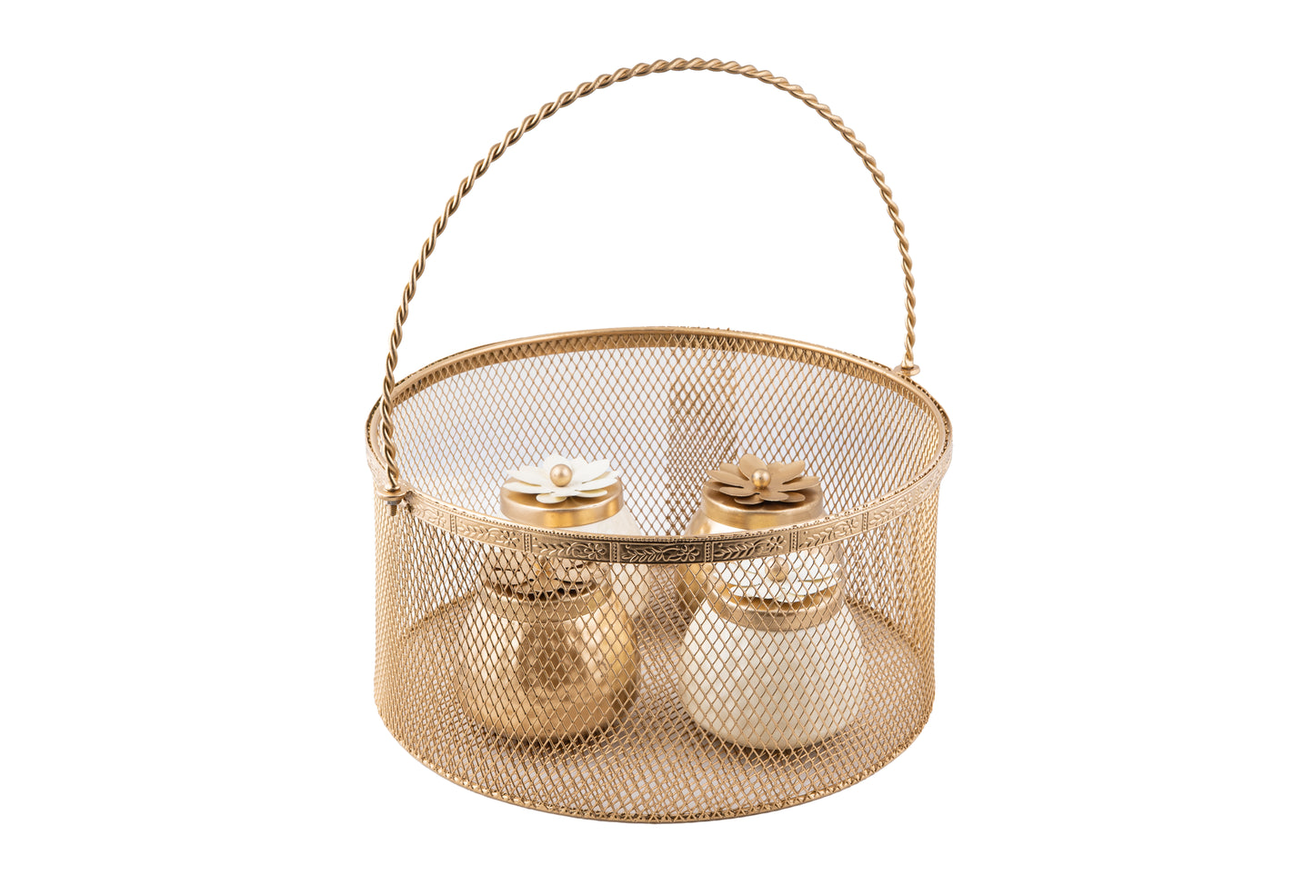Premium Golden Mesh Round Basket with 4 Decorative Jars- 8 x 8 x 4 Inches
