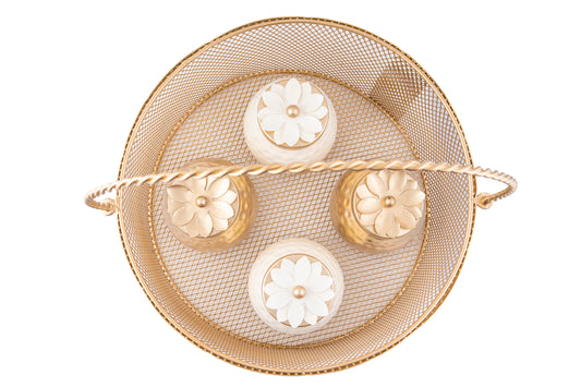 Premium Golden Mesh Round Basket with 4 Decorative Jars- 8 x 8 x 4 Inches
