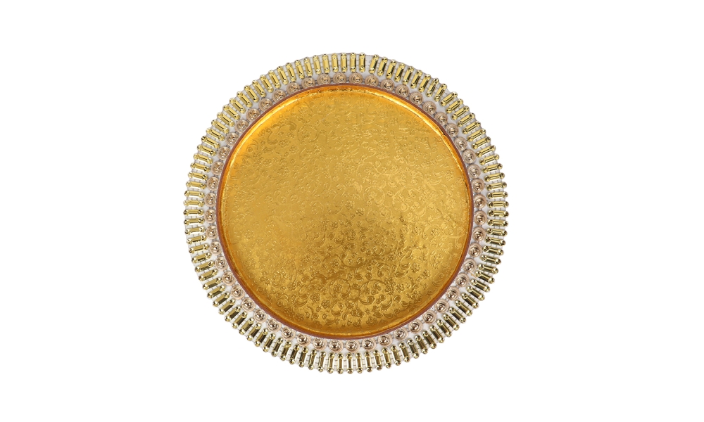 Round Decorative Golden Tray with Beaded Border – Elegant Gifting Platter