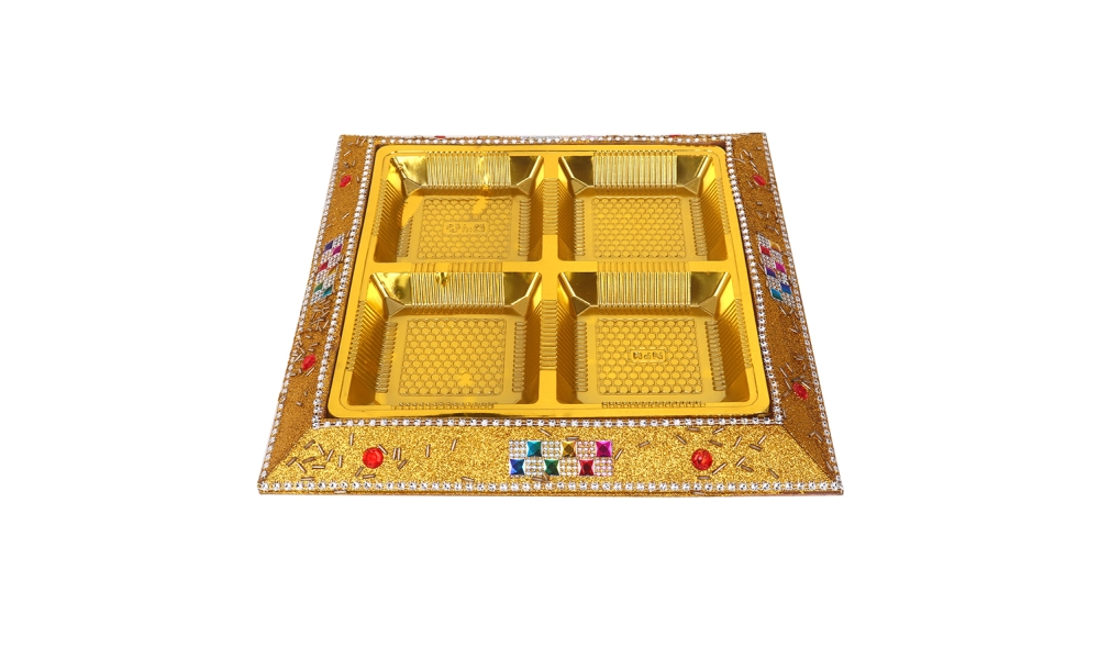 Square Royal Dry Fruit Tray with 4 Golden Compartments – Embellished Gift Platter by Hi Fashion