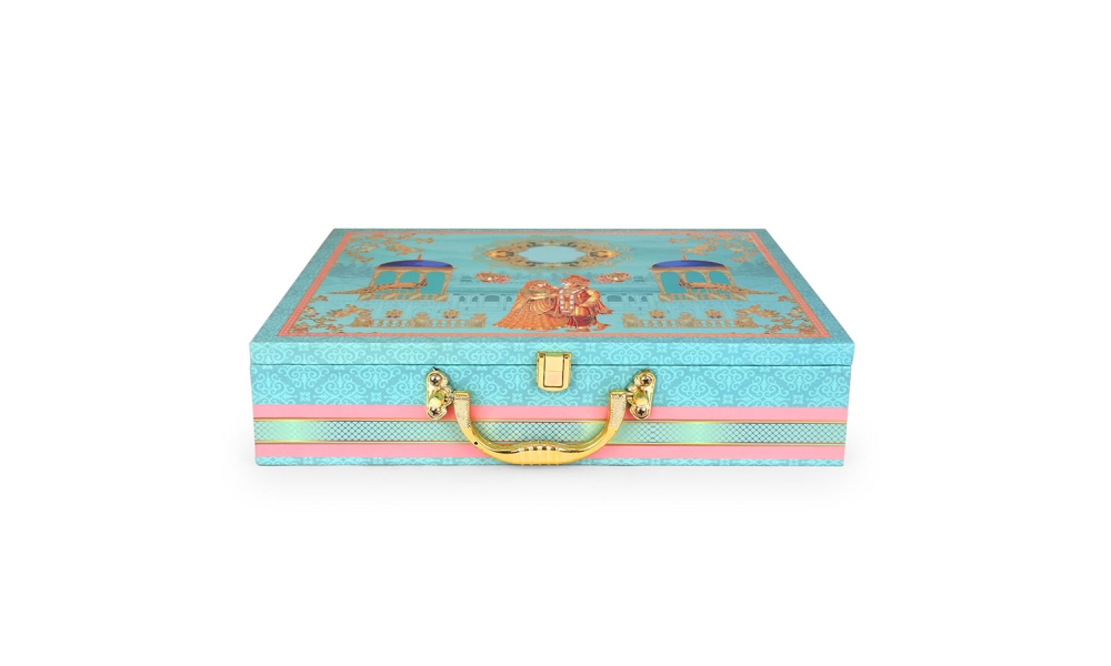 Aqua Blue MDF Dry Fruit Gift Box with Golden Partitions – 7 Section Hamper by Hi Fashion - Image 5