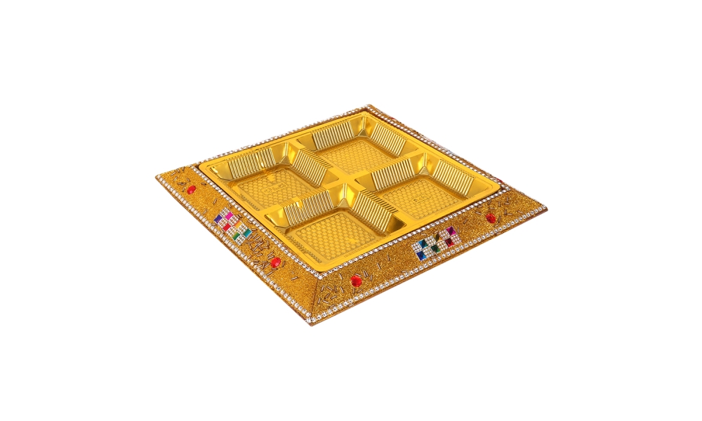 Square Royal Dry Fruit Tray with 4 Golden Compartments – Embellished Gift Platter by Hi Fashion - Image 2