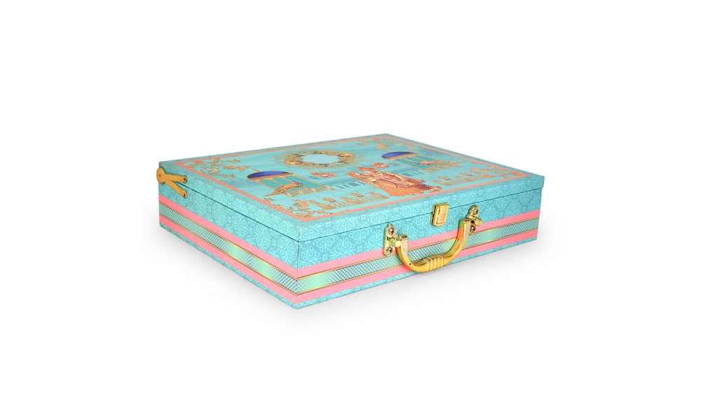 Aqua Blue MDF Dry Fruit Gift Box with Golden Partitions – 7 Section Hamper by Hi Fashion - Image 6