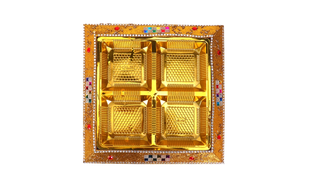 Square Royal Dry Fruit Tray with 4 Golden Compartments – Embellished Gift Platter by Hi Fashion - Image 3