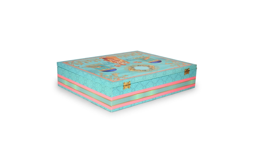 Aqua Blue MDF Dry Fruit Gift Box with Golden Partitions – 7 Section Hamper by Hi Fashion - Image 7
