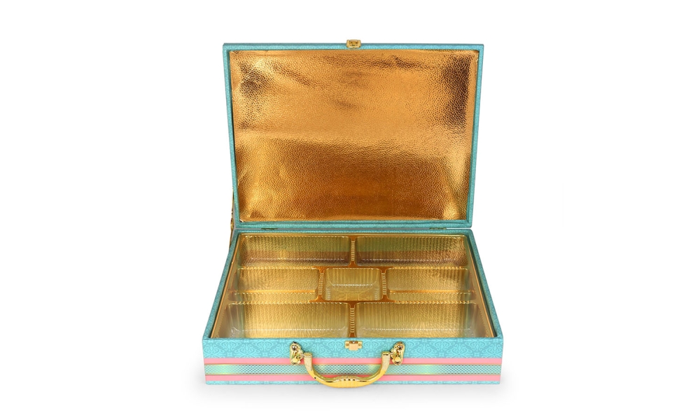Aqua Blue MDF Dry Fruit Gift Box with Golden Partitions – 7 Section Hamper by Hi Fashion - Image 2