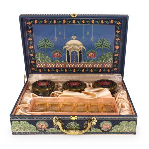 Royal Blue Mughal-Inspired Gift Box with 3 Jars & Sweets Tray – Luxury Hamper by Hi Fashion - Image 3