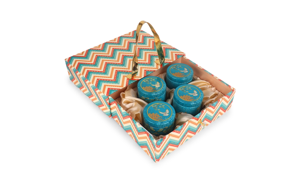 Premium Designer Gift Box with 4 Teal Jars – Zigzag Pattern by Hi Fashion