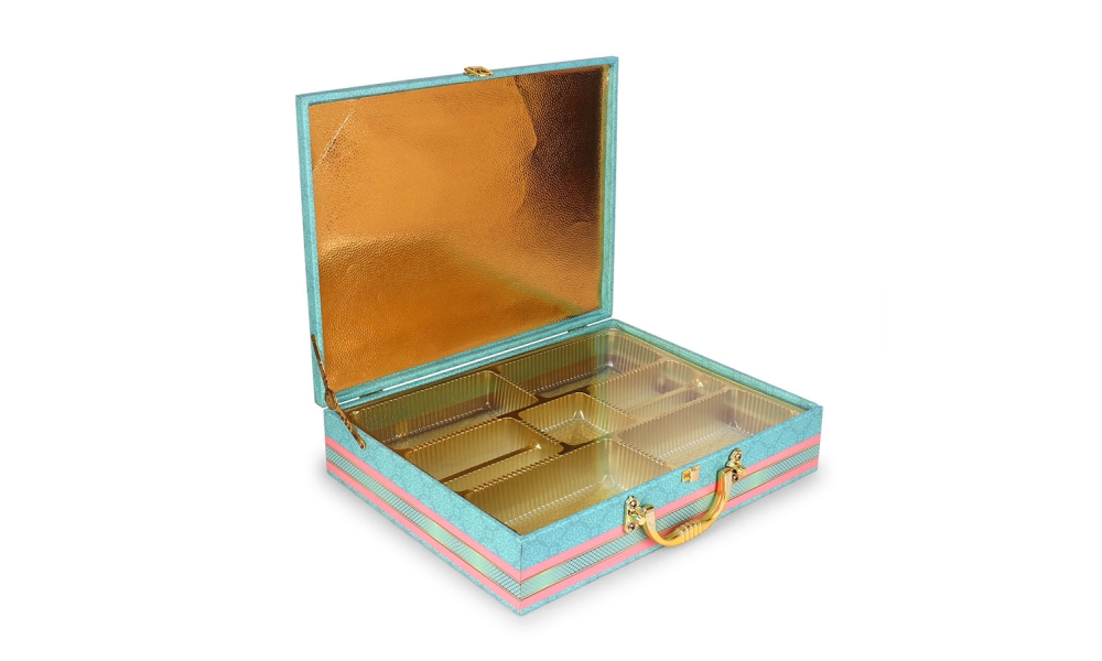 Aqua Blue MDF Dry Fruit Gift Box with Golden Partitions – 7 Section Hamper by Hi Fashion
