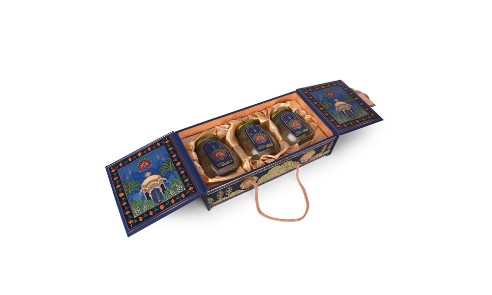 Royal Blue Temple Jar Gift Box – 3 Jar Side Open by Hi Fashion - Image 3